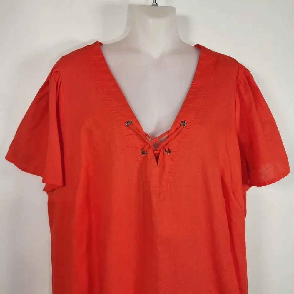 Knox Rose Womens Top XXL Orange V Neck Lace Up Flutter Short Sleeve Boho Casual